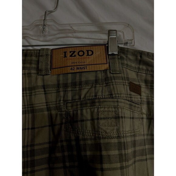 NWT Izod Men's 42" Flat Front 100% Cotton 6 Pocket Green Plaid Cargo Shorts - Picture 4 of 9